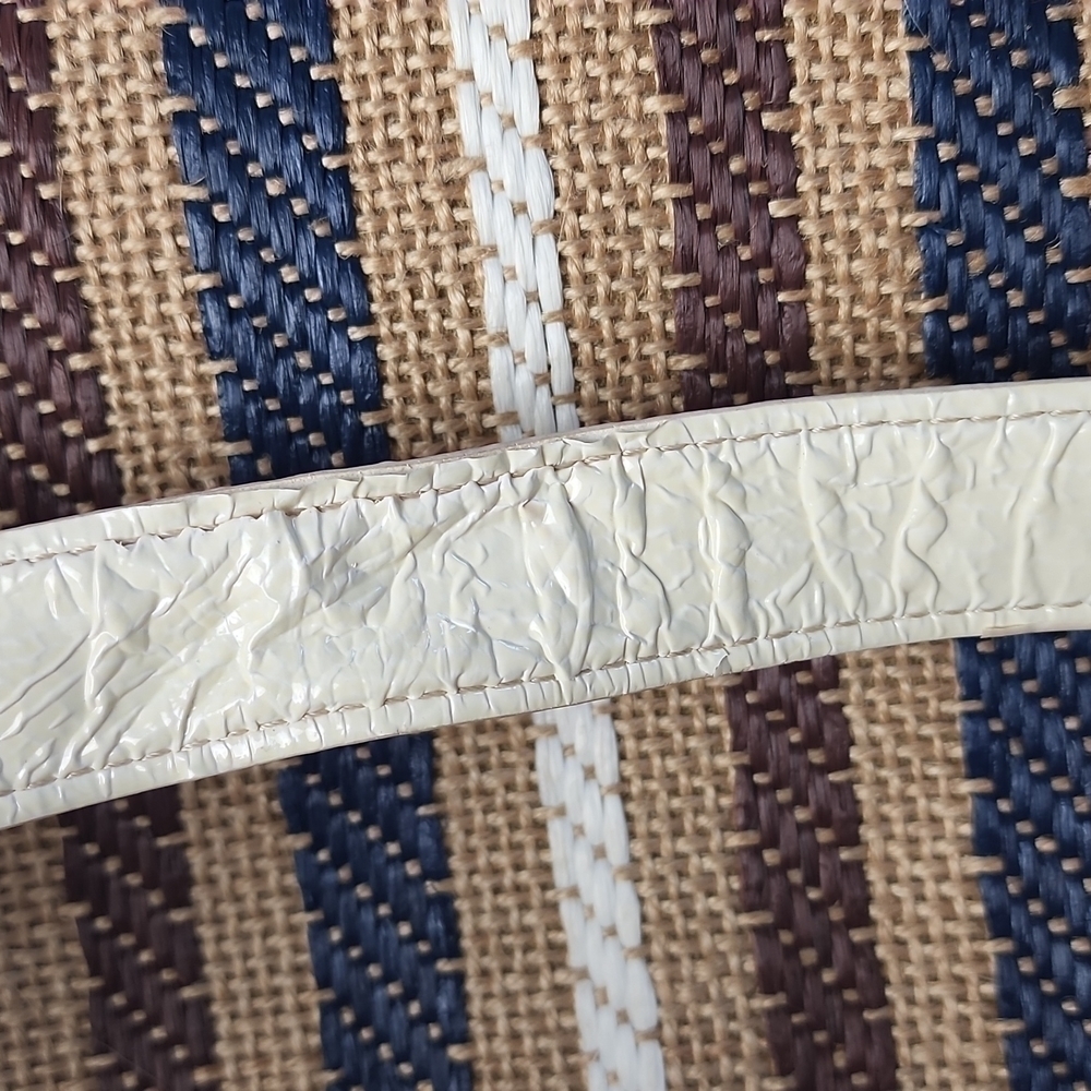 70s Canvas & Leather Turn Lock Satchel Crossbody Handbag Striped Neutral Boho - Picture 11 of 11